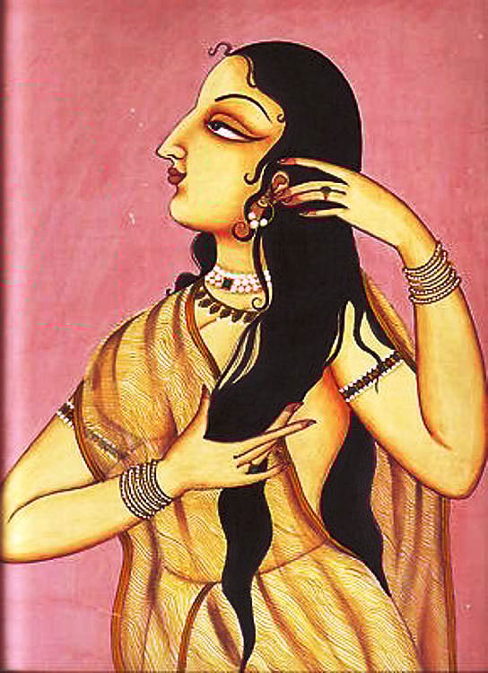 যুগ যুগ ধরে এ দেশের নারীরা চুলের যত্নে, চুলের বাহারে ব্যবহার করে আসছেন নারকেলের তেল। প্রতীকী চিত্রকর্মের ছবি আর্ট ইন্ডিয়া ডটকম থেকে নেওয়া।