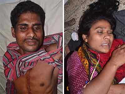 সামান্য টিভি দেখাকে কেন্দ্র করে রক্তাক্ত হয়ে হাসপাতালে আবদুর রহমান ও লিপি। ছবি: প্রথম আলো