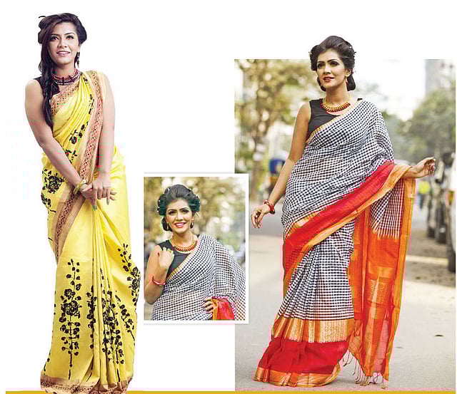 নকশার বাহুল্য নেই, শাড়ির রঙেই থাকছে বসন্তের বর্ণিলতা