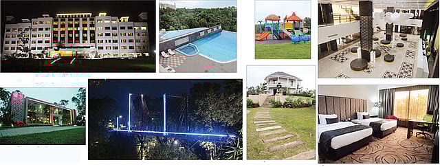 রাতে প্রধান টাওয়ার, সুইমিং পুল,শিশুদের খেলার জায়গা,লাউঞ্জ,এমন স্থাপত্যশৈলীর দেখা মেলে রিসোর্টে,ঝুলন্ত সেতু,থাকার জন্য ভিলা,একটি ঘর