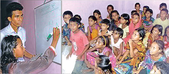 নগরের দেওয়ান বাজারে আনন্দের পাঠশালা সহযািত্রকে পড়ছে বস্তির সুবিধাবঞ্চিত শিশুরা। কলেজপড়ুয়া দুই তরুণ তাঁদের বন্ধুদের নিয়ে গড়ে তুলেছেন এই বিদ্যালয় l জুয়েল শীল