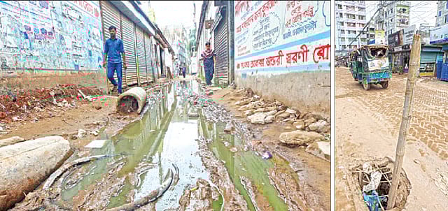 উত্তরখানের মূল সড়কটি বহুদিন ধরে সংস্কারবিহীন পড়ে আছে। এবড়ো–খেবড়ো মাটির রাস্তায় পানি জমে পথচারীদের চলাচল দুরূহ করে তুলেছে (বাঁয়ে)। একই এলাকার অপর একটি ইট বিছানো সড়ক l ছবি: সাহাদাত পারভেজ