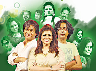 ‘সেভেনআপ মিউজিক্যাল প্রিমিয়ার লিগ’–এর পোস্টারে বিচারক ও অংশগ্রহণকারীরা