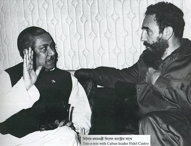 ১৯৭৩ সালে আলজেরিয়ায় অনুষ্ঠিত জোট নিরপেক্ষ আন্দোলনের (ন্যাম) চতুর্থ সম্মেলনে কথা বলছেন বঙ্গবন্ধু শেখ মুজিবুর রহমান ও কিউবার বিপ্লবী নেতা ফিদেল কাস্ত্রো। ছবি: সংগ্রহ