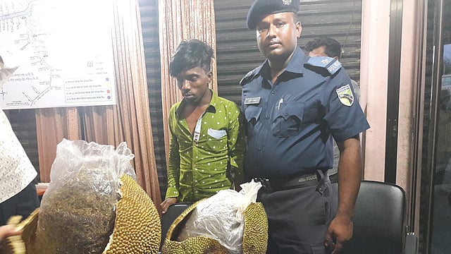 দুটি কাঁঠালের মধ্যে লুকিয়ে রাখা গাঁজাসহ যুবককে গ্রেপ্তারের তথ্য দিয়েছে পুলিশ। ছবি: প্রথম আলো।