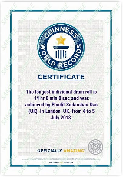 পণ্ডিত সুদর্শন দাশকে স্বীকৃতি দিয়ে গিনেস ওয়ার্ল্ড রেকর্ডস কর্তৃপক্ষের সনদ। ছবি: সংগৃহীত