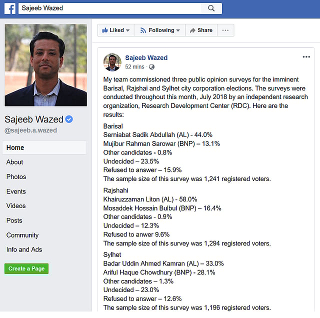 সজীব ওয়াজেদ জয়ের ফেসবুক পেজে দেওয়া পোস্ট।