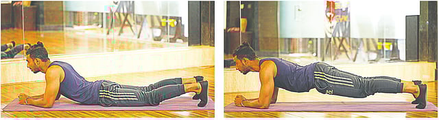 দুই কনুইয়ের ওপর ভর দিয়ে উপুড় হয়ে শুয়ে পড়ুন। চোখ থাকবে সামনের দিকে। পায়ের আঙুল ও কনুইয়ের ওপর ভর দিয়ে পুরো শরীরকে ওপরের দিকে ওঠান। দুই কনুই ও পায়ের আঙুলের ওপর ভর করে প্রতিবার এক মিনিট থাকতে হবে। এভাবে তিনবার করুন। কৃতজ্ঞতা: ভোগ লাইফস্টাইল, ছবি: সুমন ইউসুফ