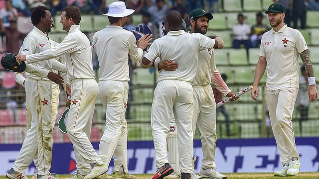 সিলেট টেস্ট জয়ের পর জিম্বাবুয়ের খেলোয়াড়দের উল্লাস। ছবি: এএফপি