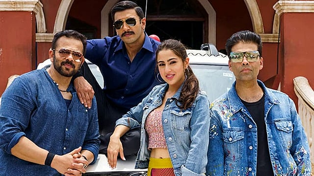 ‘সিমবা’ ছবির পরিচালক রোহিত শেঠি, ছবির নায়ক রণবীর সিং ও নায়িকা সারা আর প্রযোজক করণ জোহর