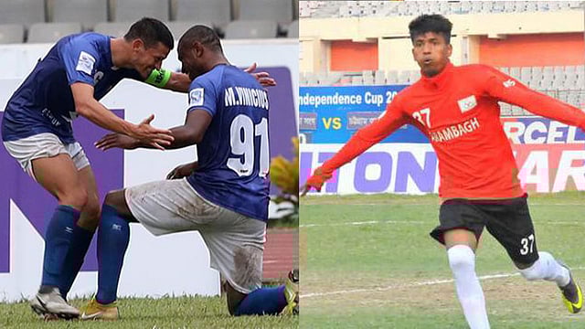 দানিয়েল কলিন্দ্রেসের সঙ্গে গোল উদ্যাপন করছেন মার্কোস ভিনিসিয়ুস (জার্সি নম্বর ৯১) এবং আরামবাগের উইঙ্গার আরিফ ইসলাম। ফাইল ছবি