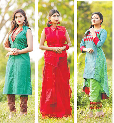 রিফাত রহমানের নকশায় সবুজ ও লাল। মডেল: সৌমি,রিফাত রেজার নকশা করা লাল শাড়ি। মডেল: সারাকা,,ফারাহ্ দিবার লাল–সবুজ পোশাক। মডেল: সোহানী