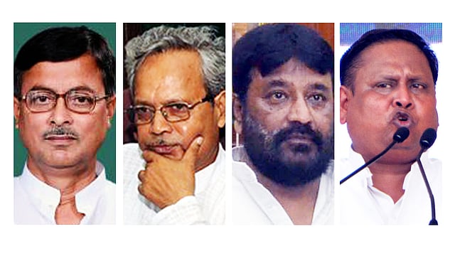 লোকসভা নির্বাচনে মুর্শিদাবাদ আসনে চার দলের চার প্রার্থী বদরুদ্দোজা খান, আবু হেনা, আবু তাহের খান ও হুমায়ুন কবীর। ছবি: ভাস্কর মুখার্জি