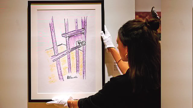 ম্যান্ডেলার আঁকা ছবি ‘দ্য সেল ডোর, রোবেন আইল্যান্ড’। ছবি: এএফপি