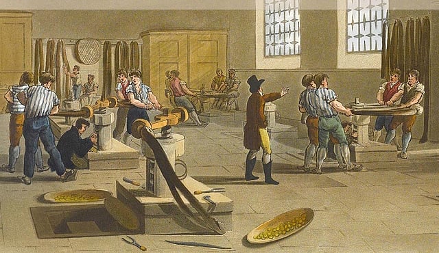 লন্ডনের রয়্যাল মিন্টে রুপার কয়েন তৈরি হচ্ছে, ১৭ শতক। ছবি: দ্য রয়্যাল মিন্ট মিউজিয়াম