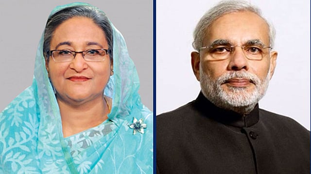 প্রধানমন্ত্রী শেখ হাসিনা (বাঁয়ে) ও প্রধানমন্ত্রী নরেন্দ্র মোদি। ছবি: বাসস)