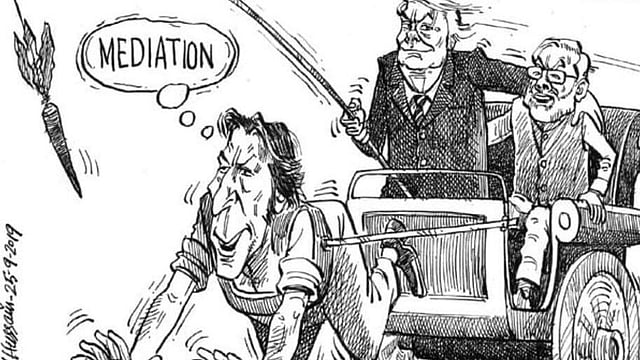 কাশ্মীর সংকট সমাধানে ইমরান খানের নানান চেষ্টাকে ব্যঙ্গ করেই পাকিস্তানের ‘দ্য নেশন’ পত্রিকা এ ব্যঙ্গচিত্র প্রকাশ করে। ছবি: টুইটার