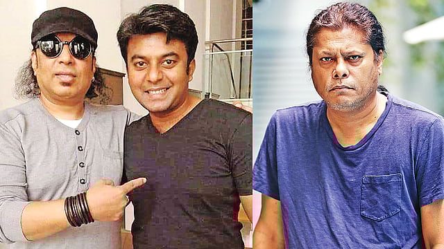 আইয়ুব বাচ্চুর সঙ্গে ‘এক আকাশ তারা’ গানের গীতিকার রাজীব আহমেদ, জেমস। ছবি: সংগৃহীত ও প্রথম আলো