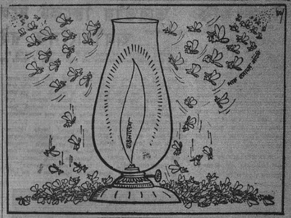 ১২ এপ্রিল প্রকাশিত কার্টুনে দেখা যাচ্ছে বাংলাদেশের মুক্তিসংগ্রামকে কার্টুনিস্ট একটি দীপশিখার সঙ্গে তুলনা করেছেন। সেই শিখার আলোয় আকৃষ্ট হয়ে পতঙ্গরূপী পাকিস্তানি সৈন্যরা অকাতরে প্রাণ দিচ্ছে।