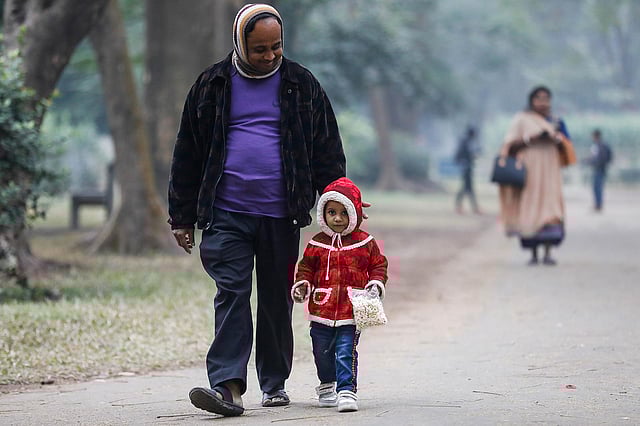 বিকেলে গরম পোশাকে বাবার সঙ্গে হাঁটা হাঁটি করে পার্কে বেড়াতে আসা
