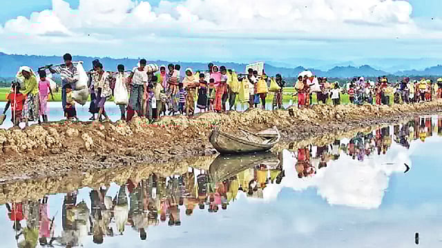 প্রাণের ভয়ে আশ্রয়ের সন্ধানে বাংলাদেশের দিকে রোহিঙ্গারা। ২০১৭ সালের আগস্টে। ফাইল ছবি