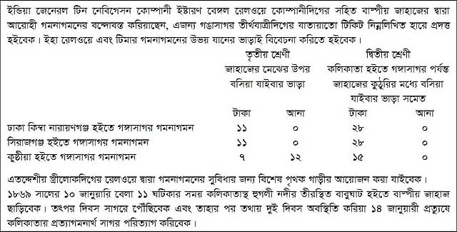 ১৮৬৮ সালের ৩০ ডিসেম্বর ‘সংবাদ প্রভাকর’–এর বিজ্ঞাপন। উৎস: রেল উনিশ শতকের বাঙালি জীবন ও সাহিত্যে, রমেনকুমার সর, দেজ পাবলিশিং, কলকাতা, জুলাই ২০১২, পৃষ্ঠা:১৮৪-১৮৫।