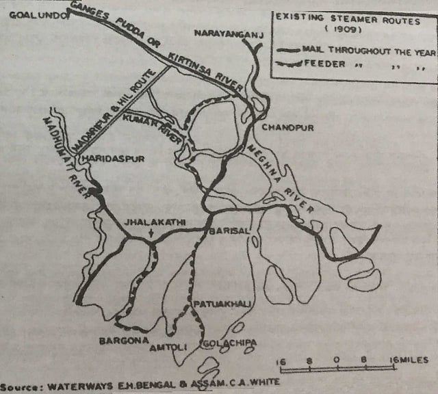 বাংলা ও আসামে ১৯০৯ সালে স্টিমার চলাচল পথ। ছবির উৎস: ওয়াটারওয়েজ ইন ইস্টার্ন বেঙ্গল অ্যান্ড আসাম, সিএ হোয়াইট (১৯০৯)।