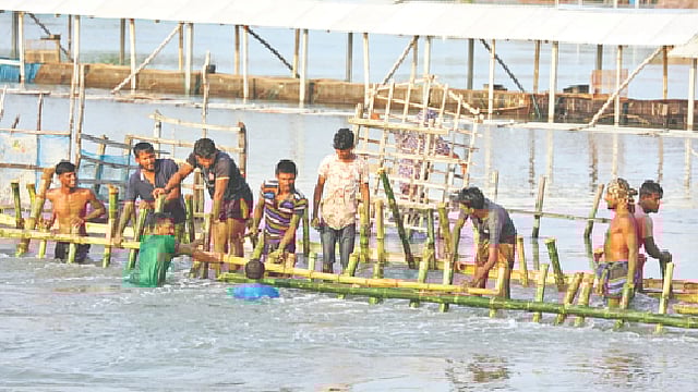 সন্ধ্যার পরপরই শুরু হবে জোয়ার। ভাটার এই সময়ের মধ্যে বাঁধের যতটুকু ঠিক করা যায়। দিনের শেষ সময়টাতে বাঁধ মেরামতে কাজ করছেন স্থানীয় লোকজন। গতকাল বিকেলে সাতক্ষীরার শ্যামনগরের বুড়িগোয়ালিনী এলাকায়। ছবি: সাইফুল ইসলাম