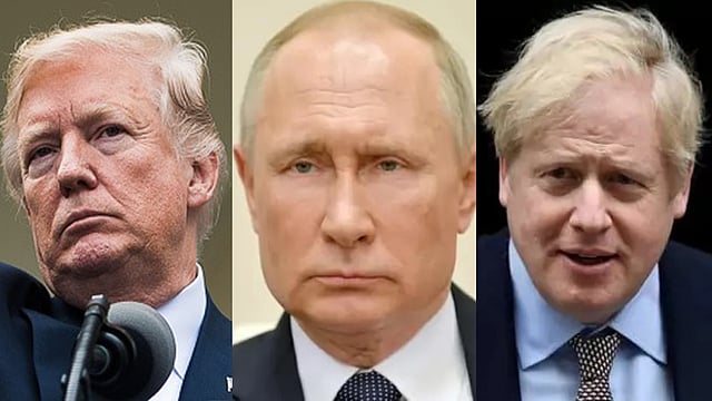 মার্কিন প্রেসিডেন্ট ডোনাল্ড ট্রাম্প, রাশিয়ার প্রেসিডেন্ট ভ্লাদিমির পুতিন ও ব্রিটিশ প্রধানমন্ত্রী বরিস জনসন। ছবি: এএফপি ও রয়টার্স