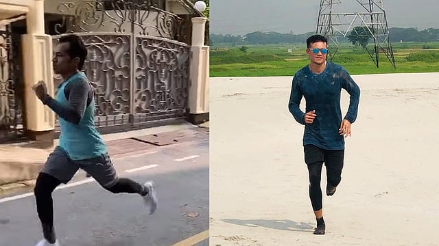 ভোরে বাসার সামনে নীরব রাস্তায় রানিং করছেন মুশফিকুর রহিম আর বসিলায় নির্জনে রানিংয়ের কাজ সারছেন তাসকিন আহমেদ। ছবি: সংগৃহীত