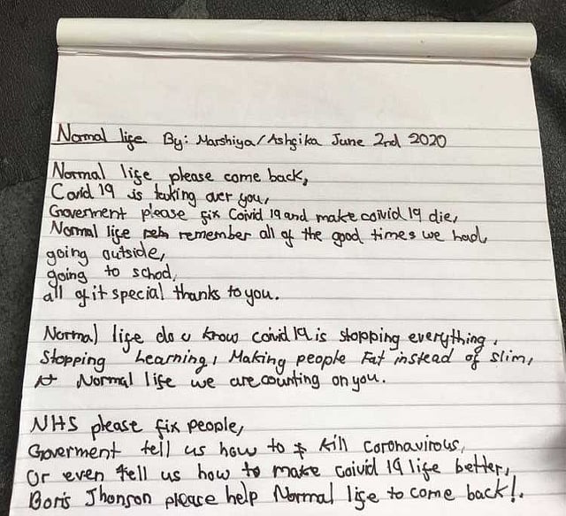 স্বাভাবিক জীবনের প্রত্যাশা নিয়ে আশফিকার লেখা কবিতা। ছবি: প্রথম আলো