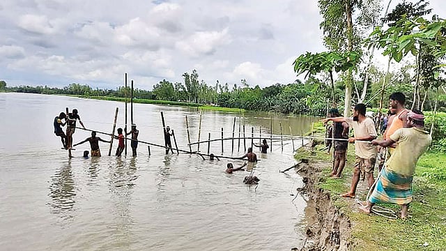তিস্তার ভাঙন থেকে রক্ষা পেতে কুড়িগ্রামের উলিপুর উপজেলার থেতরাই ইউনিয়নের পানিয়ালের ঘাট এলাকায় নদীতে বাঁধ দেওয়ার চেষ্টা করছেন গ্রামবাসী। গত বুধবার দুপুরে। ছবি: প্রথম আলো