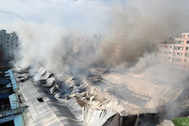 আগুনে পুড়ছে মোহাম্মদপুর কৃষি মার্কেট।