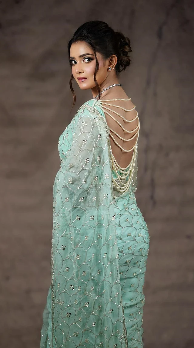 ম্যাচিং ব্লাউজের পেছনের খোলা অংশে মুক্তার লহরের আকর্ষণীয় নকশা নজর কাড়ার মতো