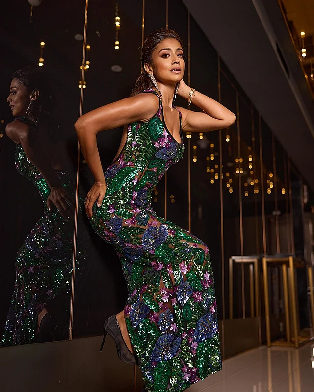 বহুরঙা ডিস্কো ভাইবের মেটালিক লং ড্রেসে শ্রিয়া