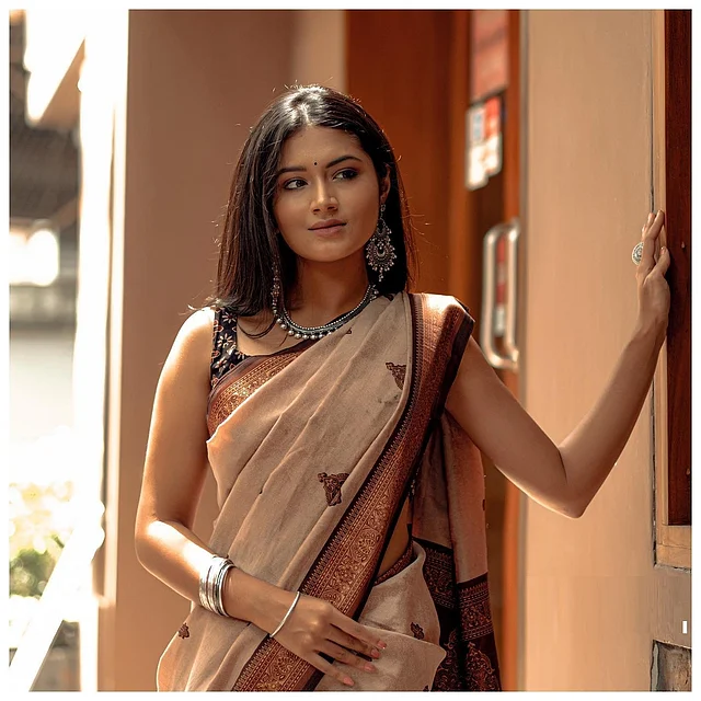 তাসনিয়া ফারিণের শাড়িতে রয়েছে কফি রঙের আমেজ।