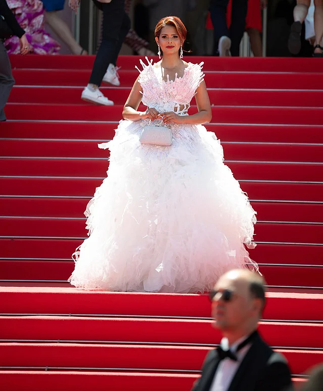 পোশাকটি রাজহাঁস থেকে অনুপ্রাণিত হয়ে তৈরি করা হয়েছে। আইরিশ ভাঙা হাতপাখা আর সাদা টুকরা কাপড়ের সমন্বয়ে নকশা করা হয়েছে পুরো গাউন। ওপরে মুক্তার কাজ আর নিচের দিকে সাদা রাফলের স্তর গাউনটিকে দিয়েছে পূর্ণতা।