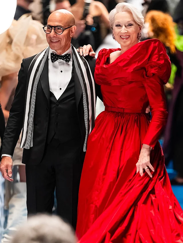 স্ট্যানলি টুচির সঙ্গে মেরিল। পাফড ফুলস্লিভ আর কোমরে দারুণ ফিটিং দেওয়া গাউনে অপ্সরী লাগছে তাঁকে