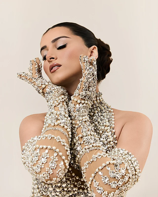 ক্রিস্টাল ও মুক্তার মানানসই আর্ম-লেংথের গ্লাভসটিও নজরকাড়া, যা পুরো লুকে পুরোনো হলিউডের রাজসিক আমেজ যোগ করেছে