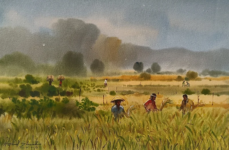 ‘ধান কাটা‘। শিল্পী হেলাল শাহ