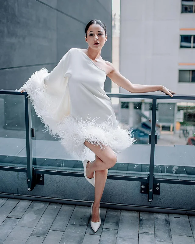 ওয়ান শোল্ডার ফেদার দেওয়া আকর্ষণীয় আউটফিটে ফ্রেমবন্দী হয়েছেন শেহনাজ গিল। সঙ্গে পায়ে ম্যাচিং জুতা।