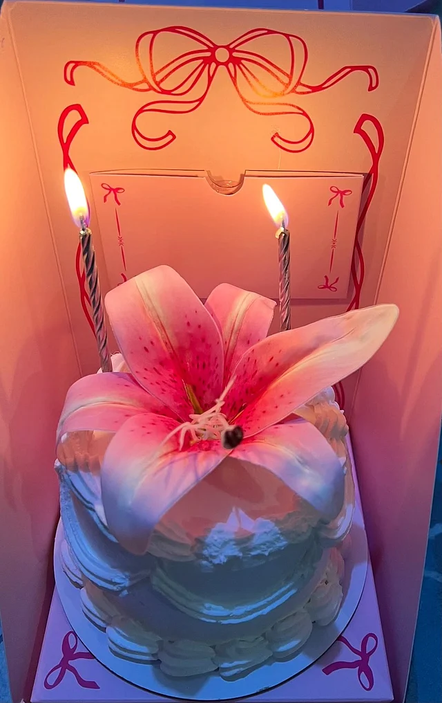 বিশাল লিলি ফুলের সাজে সেজেছে রোজা-তাহসানের অ্যানিভার্সারি কেক। দুটি মোমবাতি আছে। সাদা ক্রিমে ঢাকা কেকটি সত্যিই সুন্দর