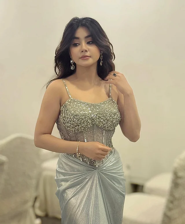 সিলভার গাউনের বডিসে ঝিলিমিলি সিকুইনের কাজ। স্প্যাগেটি স্ট্র্যাপেও সিকুইন দেখা যাচ্ছে। কিছুটা করসেট কাটে বানানো হয়েছে গাউনের ওপরের অংশটি