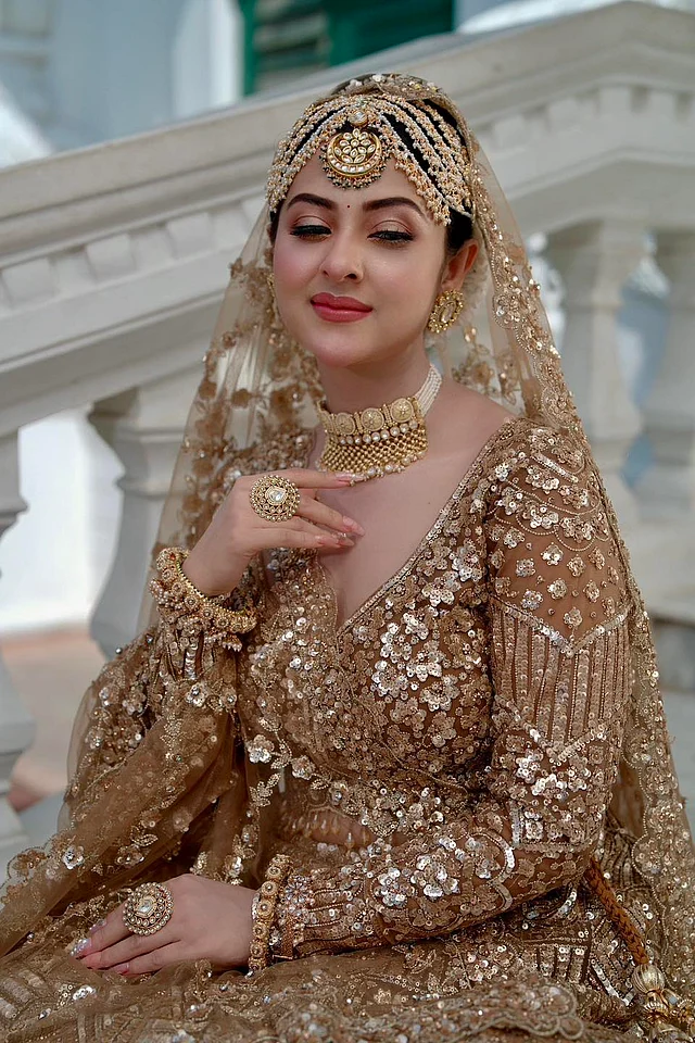 জমকালো টিকলি, টায়রা আর সিঁথিপাটির সাজে গোল্ডেন আইশ্যাডো ছাড়া খুব মিনিমাল মেকওভার