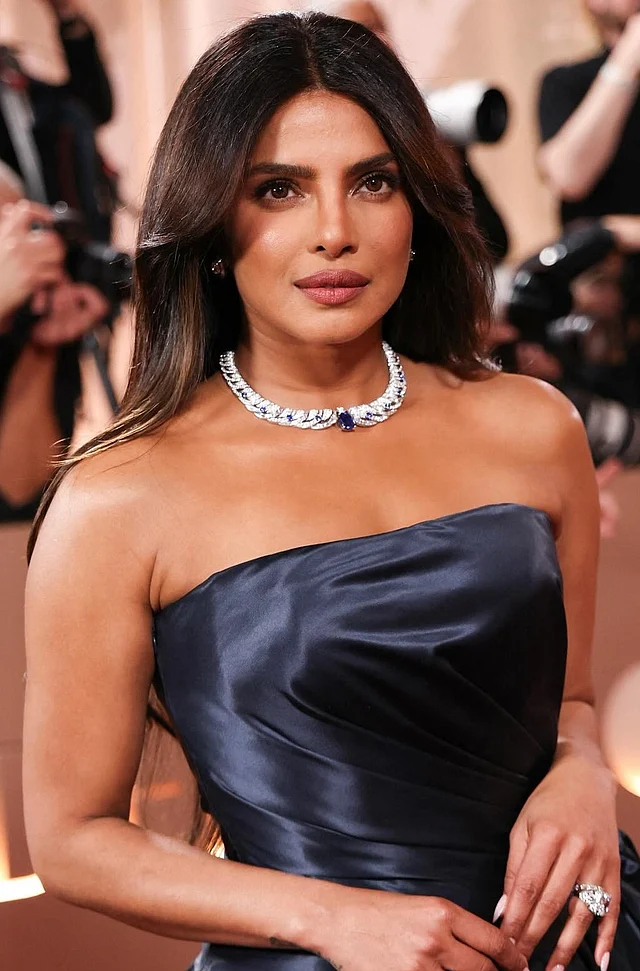 নেভি ব্লু স্ট্র্যাপলেস দিওর গাউন আর বুলগারির ডায়মন্ড নেকপিসে প্রিয়াঙ্কা চোপড়া