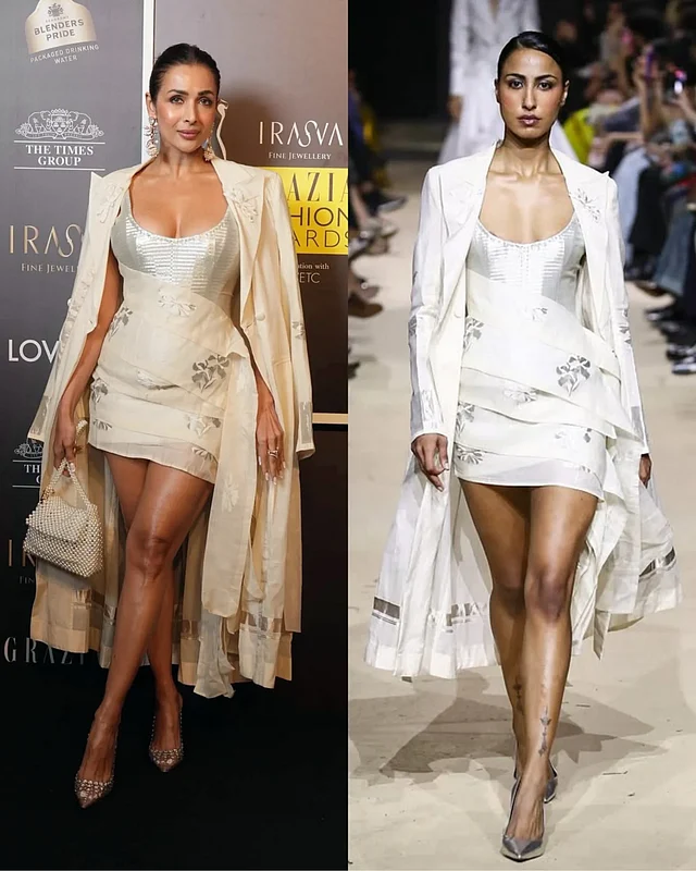 রাহুল মিশ্রর ফল-উইন্টার কালেকশন থেকে নেওয়া এই মিনিড্রেস অনসম্বল সঙ্গে পয়েন্টেড হিলস