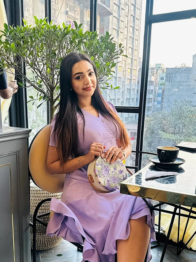 ল্যাভেন্ডার স্যাটিন ড্রেস আর ম্যাচিং ব্যাগ