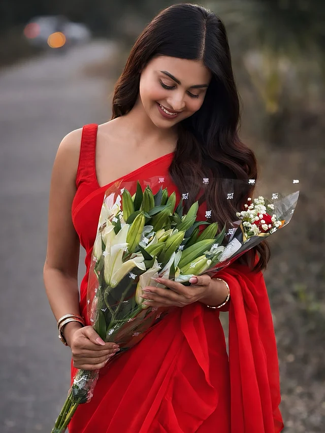 লাল স্লিভলেস ব্লাউজের সঙ্গে লাল শাড়ি পরা এই মায়াবী মুখচ্ছবির মেঘলা দ্রুত ফিরে আসুন, এই কামনা সকলের।