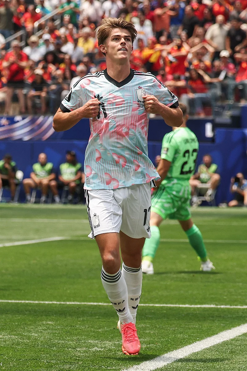 Belgium's forward #17 Charles De Ketelaere celebrates scoring his team's first goal with teammates during the 2026 World Cup football tournament quarter-final match between Spain and Belgium at the Los Angeles Stadium in Inglewood on July 10, 2026