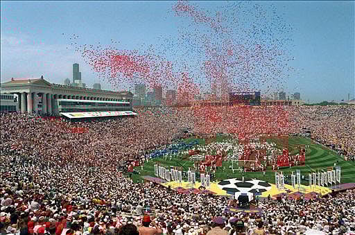 Balloons are released at the start of the opening ceremonies for the 15th World Cup on 17 June 1994 at Soldier Field in Chicago. West Germany will face Bolivia in the opening soccer match following the ceremonies. Photo: AFP